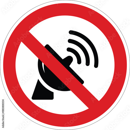 Red circular prohibition sign with a diagonal line over a black satellite dish broadcasting waves