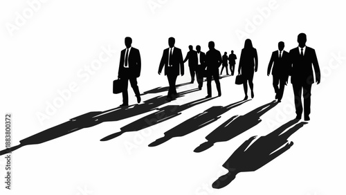 Group of business people walking forward with long shadows.