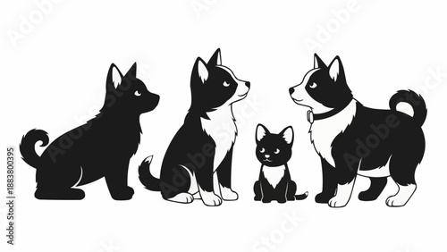 Group of cartoon dogs in silhouette and outline style.
