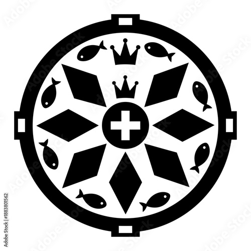 Circular emblem with crowns fish and cross vector illustration