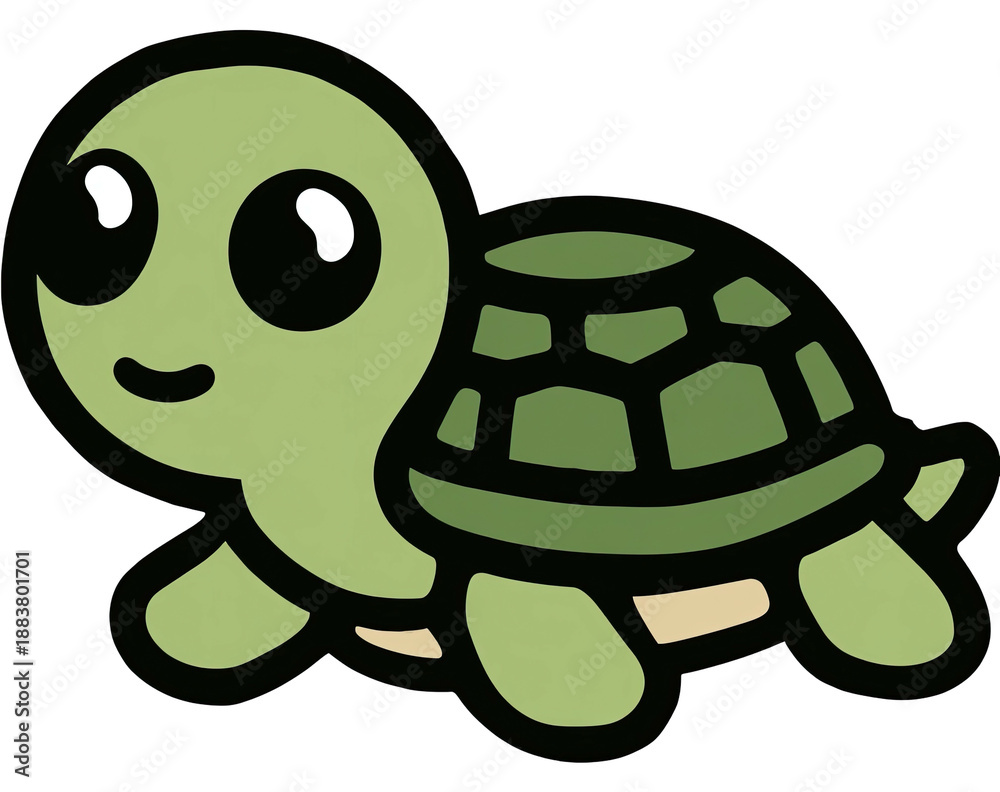 Obraz premium Adorable cartoon turtle illustration, large eyes, smiling, green shell and body, black outlines