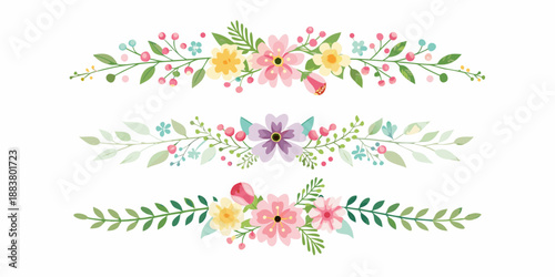 a delicate floral border with pink yellow and purple flowers and green leaves