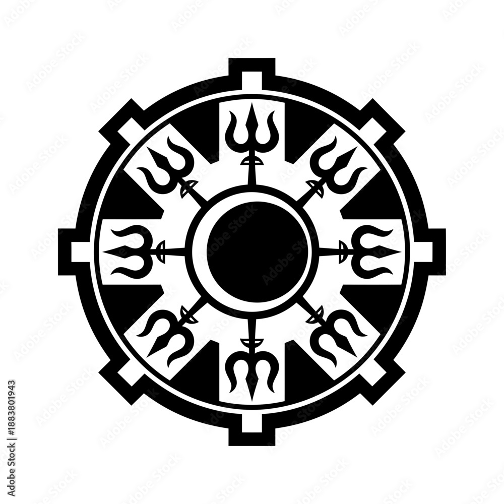 Obraz premium Sacred chakra wheel with eight tridents vector illustration