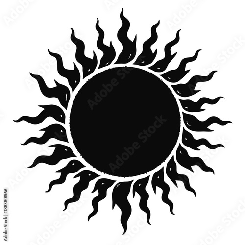 Stylized black sun with wavy flaming rays vector illustration