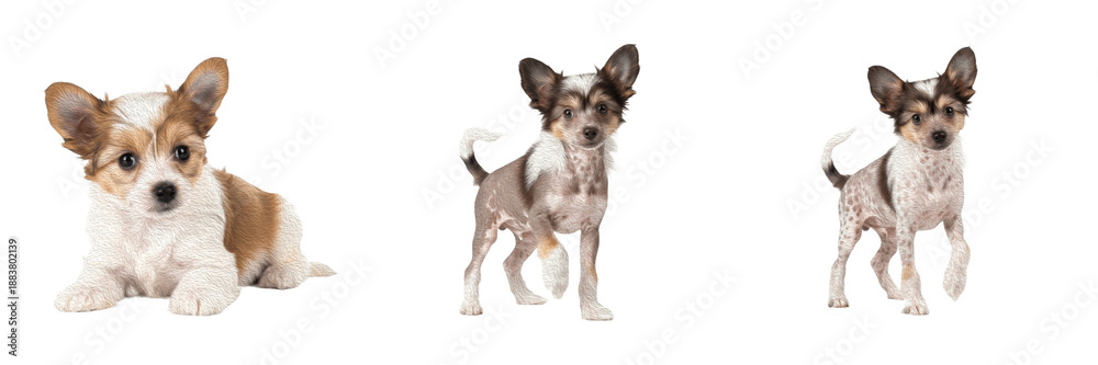 Obraz premium Chinese Crested Puppy Isolated on White Background, Chinese Hairless Dog, Purebred Elegant Young Canine, Spotted Skin Tufted Baby Pet Standing