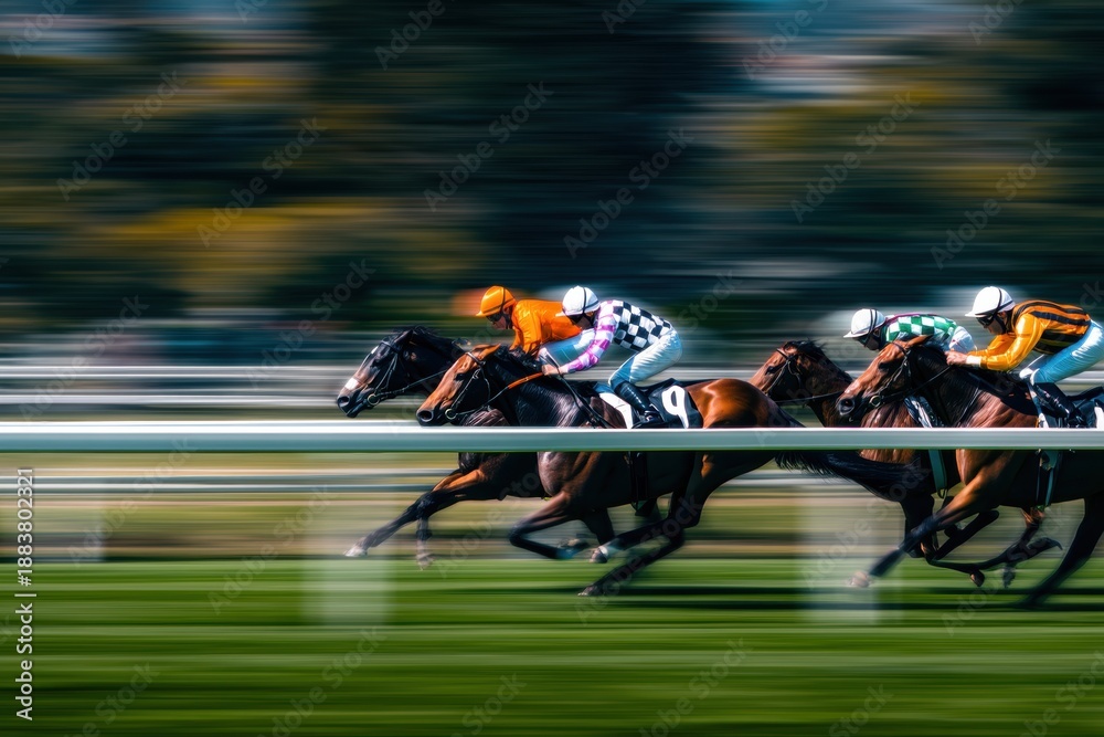 Obraz premium thoroughbred racehorses sprinting on lush green racetrack during Melbourne Cup, jockeys in colorful silk uniforms, motion blur showing speed, bright sunny day, no text.