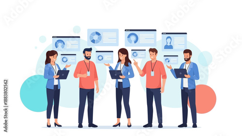 Diverse team collaborating on digital projects with data visualizations