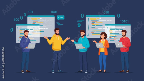 Diverse Team Collaborating on Software Development Project with Code and Binary