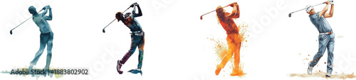 Watercolor set silhouette of golfer action pose. Isolated on white background