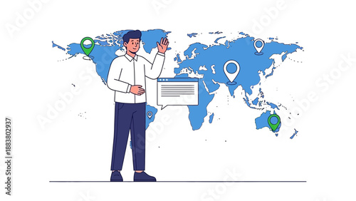 Global Business Connection: Man with World Map, Location Pins, and Digital Interface