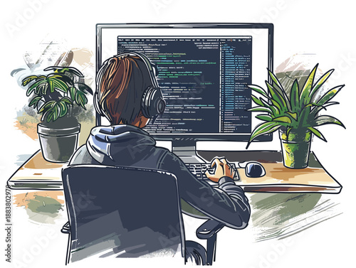 isolate white background, A software developer coding diligently to create new programs., drawing in color pencil art and copy space, very simple and isolate in the style of animated illustrations