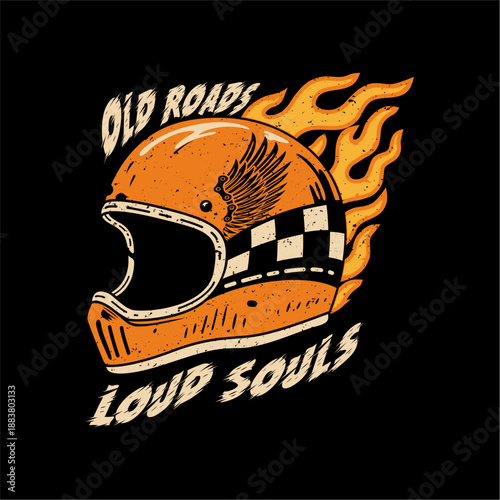 Vintage RETRO COLORED HELMET HAND-DRAWN Motorcycle OLD ROAD LOUD SOUL Quotation Tshirt Design Illustration