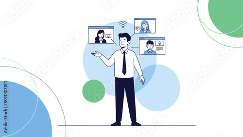 Man leading online meeting with remote team, video conference concept