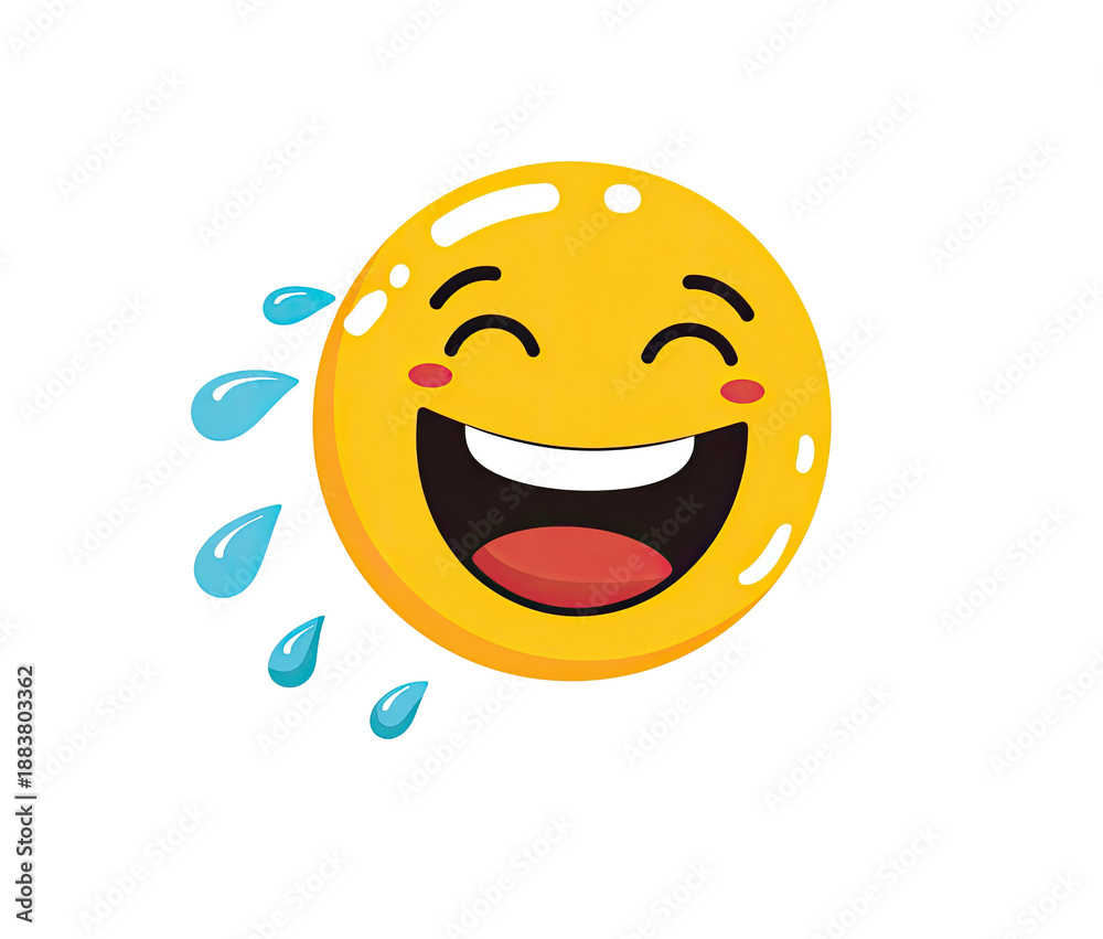 Fototapeta premium A cartoon yellow emoji laughs with tears streaming from its eye and rosy cheeks on black