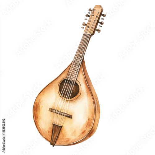 Watercolor Mandolin Musical Instrument Illustration.
