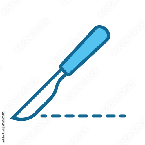 Blue surgical scalpel slices above a dotted line illustration. Ideal for medical illustrations, educational materials, and healthcare designs, showcasing precise surgical cuts and procedural guidance 