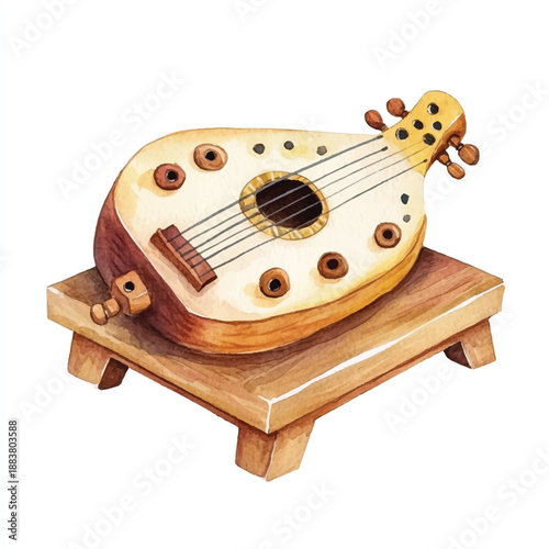 Watercolor Oud on Wooden Stand A Detailed Musical Instrument Illustration.