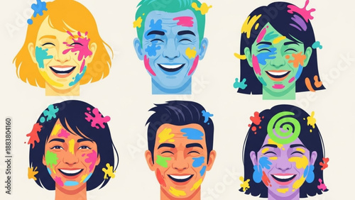 Diverse group of people celebrating Holi with colorful powder splashes joyful faces expressing happiness and cultural tradition vector illustration for festivals and events