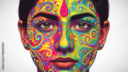 Vibrant psychedelic face art intricate colorful patterns and swirls on a persons face concept for creative expression and individuality