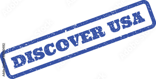 Text DISCOVER USA prominently displayed on a distressed blue rectangular rubber stamp impression graphic