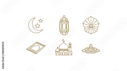 Islamic symbols and icons set in gold line art.