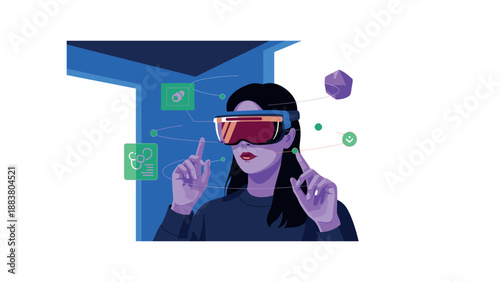 Woman wearing virtual reality goggles interacting with digital elements.