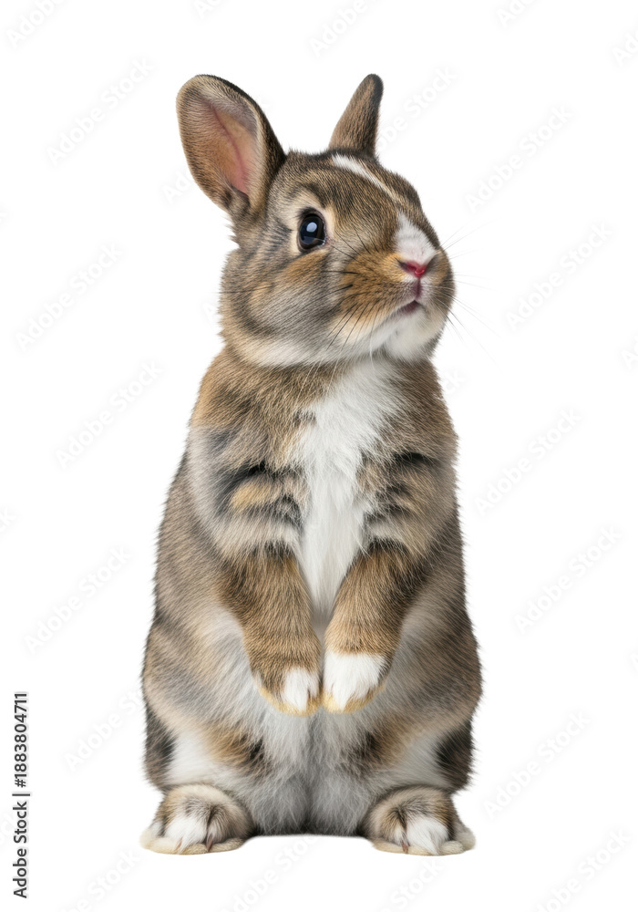 Fototapeta premium Cute baby domestic rabbit, mottled brown-grey fur, white chest patch, standing on hind legs, looking up, isolated on bright white studio background, concept of adorable animal portraiture