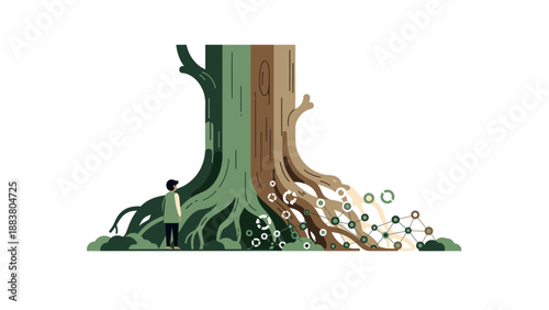 Tree stump with exposed roots and vibrant green foliage.