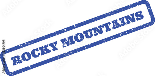Textured rubber stamp banner showcasing Rocky Mountains in uppercase letters, positioned dynamically across the canvas