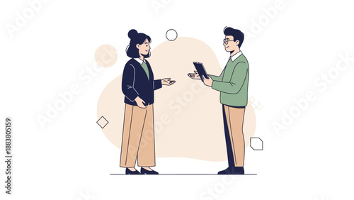 Business Meeting Illustration: Colleagues Discussing Project on Tablet