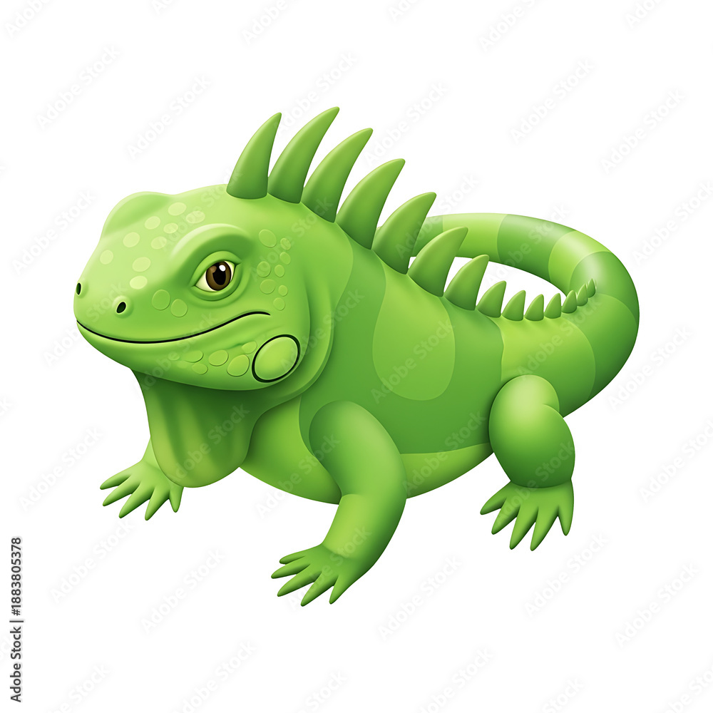 Obraz premium Cute 3D cartoon iguana with spikes and spots on transparent background, green reptile character for wildlife education design