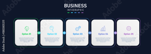Modern dark business infographic with five horizontal option cards for workflow and comparison presentation
