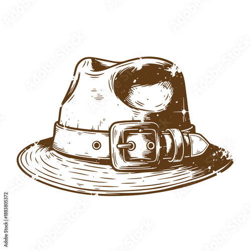 Drawing Vintage grunge  texture Brown cowboy hat with belt and buckle on white background  a classic western headwear accessory