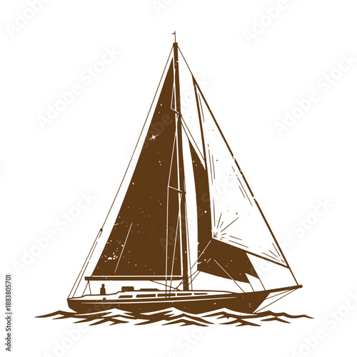 Drawing Vintage grunge  texture Brown sailboat sailing on water with large triangular sail and small flag on top  recreational sailing vessel with brown hull and white sail