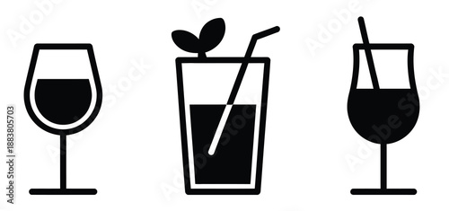 Cocktail and alcoholic beverage icon collection including martini, mojito, whiskey, and wine glass symbols, suitable for bar, pub, restaurant branding, menu designs, and vector illustration use.