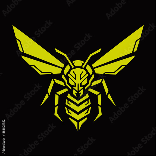 A stylized, geometric yellow wasp emblem with intricate mechanical details on a black background.