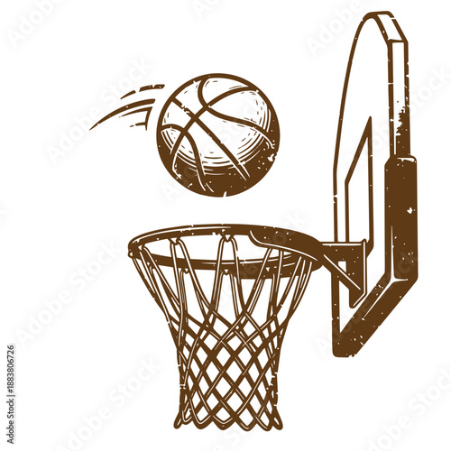 Drawing Vintage grunge  texture Brown illustration of a basketball flying into a hoop with net and backboard  sports equipment and athletic game