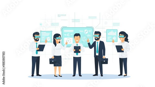 Team using VR headsets for business meeting and data visualization