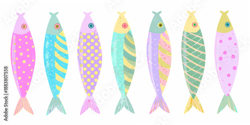 a playful arrangement of colorful fish illustrations against a white backdrop