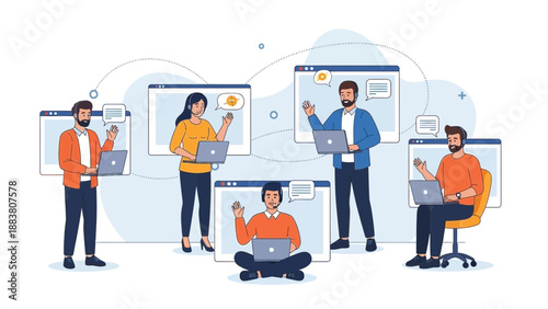 Remote Teamwork Collaboration Concept - Diverse People Working on Laptops