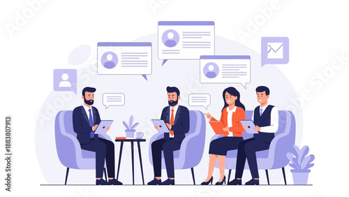 Team Meeting Illustration: Business People Discussing Ideas in a Modern Office