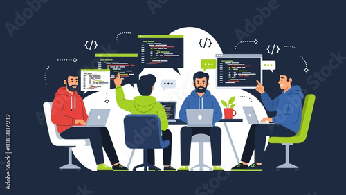 Team of programmers collaborating on software development project, coding and problem solving