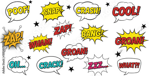 Colorful comic sound effect speech bubbles set with pop art explosions, action words, cartoon expressions, and dynamic onomatopoeia background