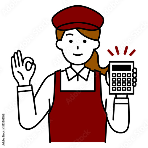 電卓を見せてOKサインをするカフェの女性店員