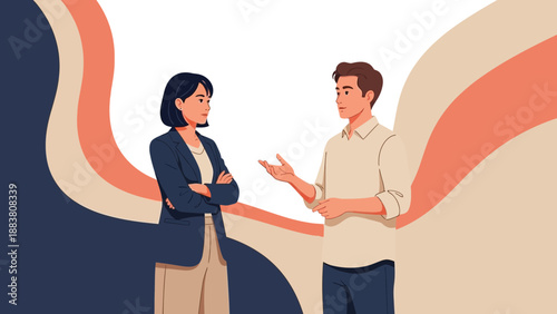Business meeting illustration: man and woman discussing ideas, abstract background