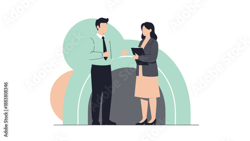 Business meeting illustration: man and woman discussing documents, modern flat design