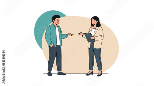 Business meeting illustration: man and woman discussing ideas with clipboard