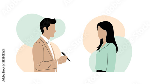 Business meeting illustration: man and woman discussing ideas, modern flat design