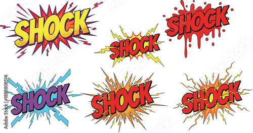 Comic book shock text explosion illustration set with dynamic lightning effects, bold pop art typography, colorful action words, dramatic retro flat vector style
