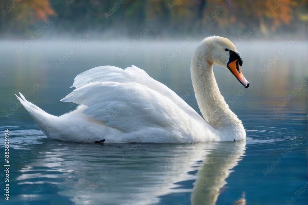 Fototapeta premium Graceful white swan swimming in serene lake with mirror reflection, misty background of trees, creating peaceful, serene mood.